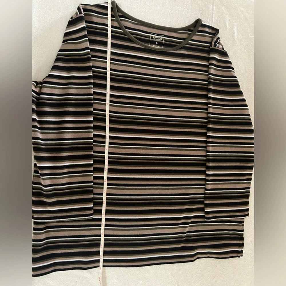 Black, Olive, Tan, and White Striped 3/4 Sleeve Top - Picture 2 of 5